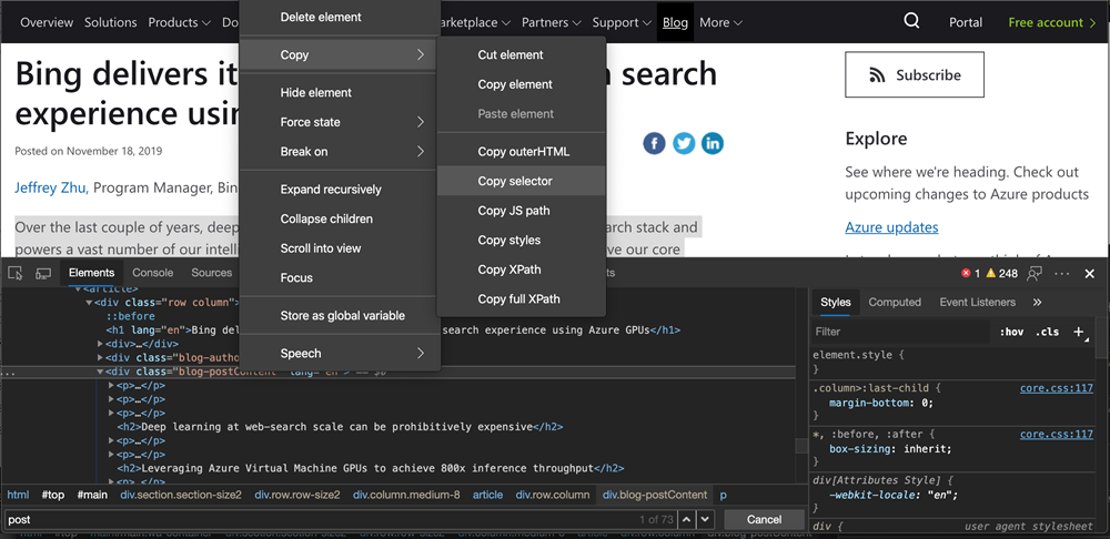 Copy Selector using CSS to scrape body of post