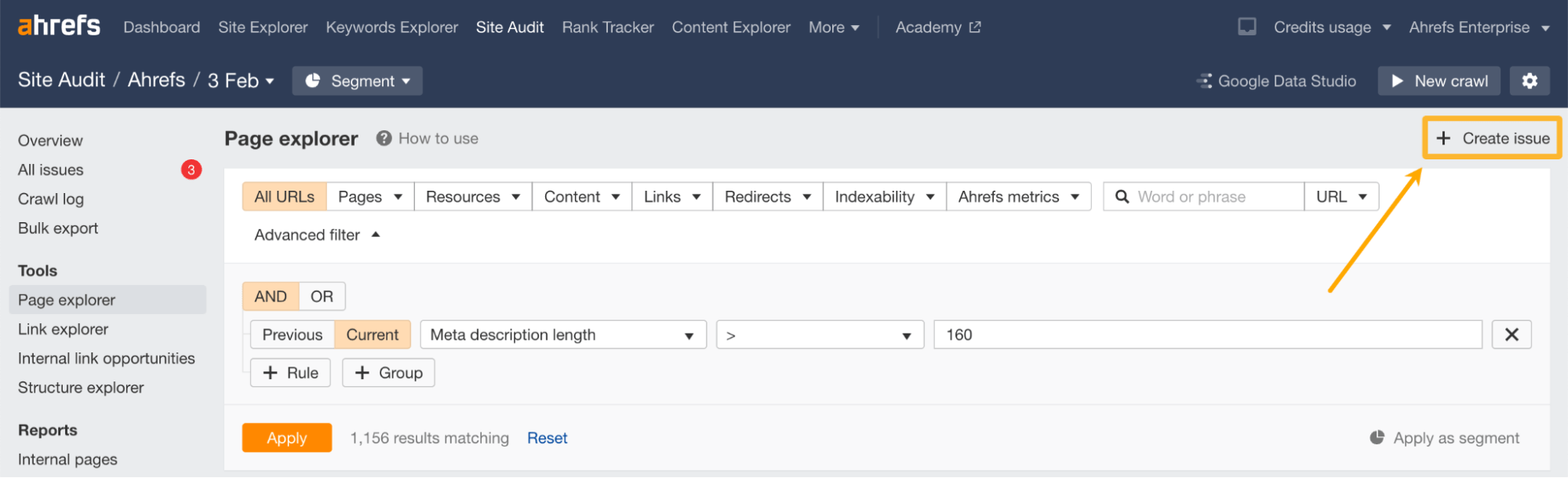"Create issue" button under the Page explorer report, via Ahrefs' Site Audit