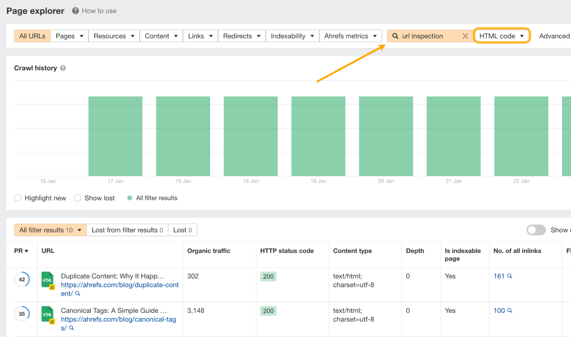Page explorer report, via Ahrefs' Site Audit