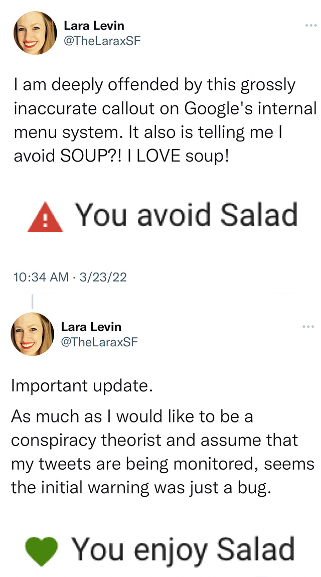 Google Internal Menu System Tracks Food Preferences Tweets