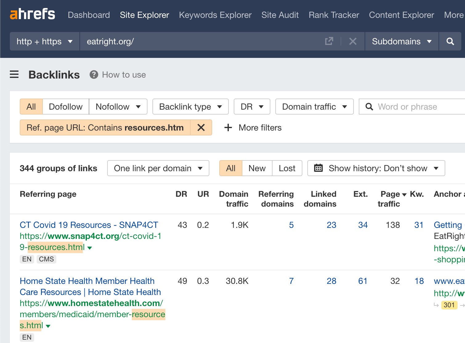 Finding resource pages in Ahrefs' Site Explorer