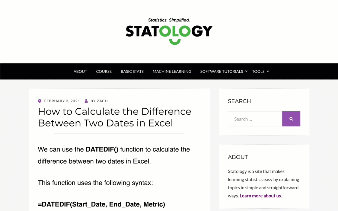 A few top-ranking pages for "excel difference between two dates," all of which are blog posts
