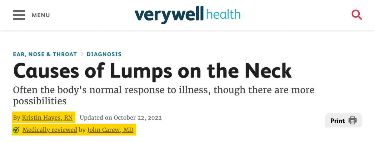 Examples of top-ranking pages for "lump on neck," all of which are written or reviewed by doctors and nurses