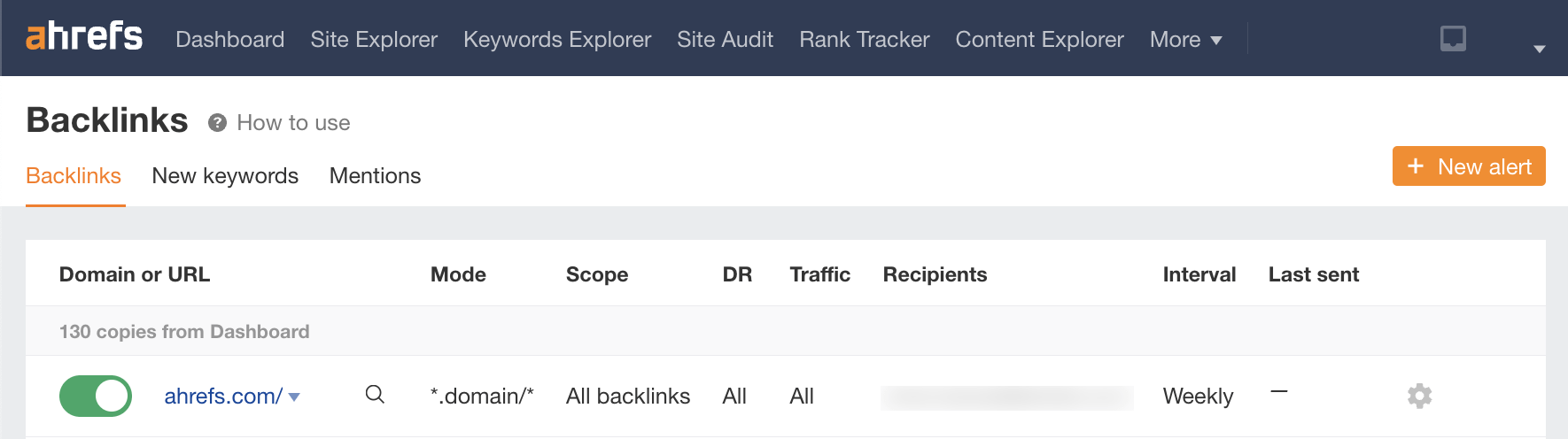 Backlinks alerts, via Ahrefs Alerts
