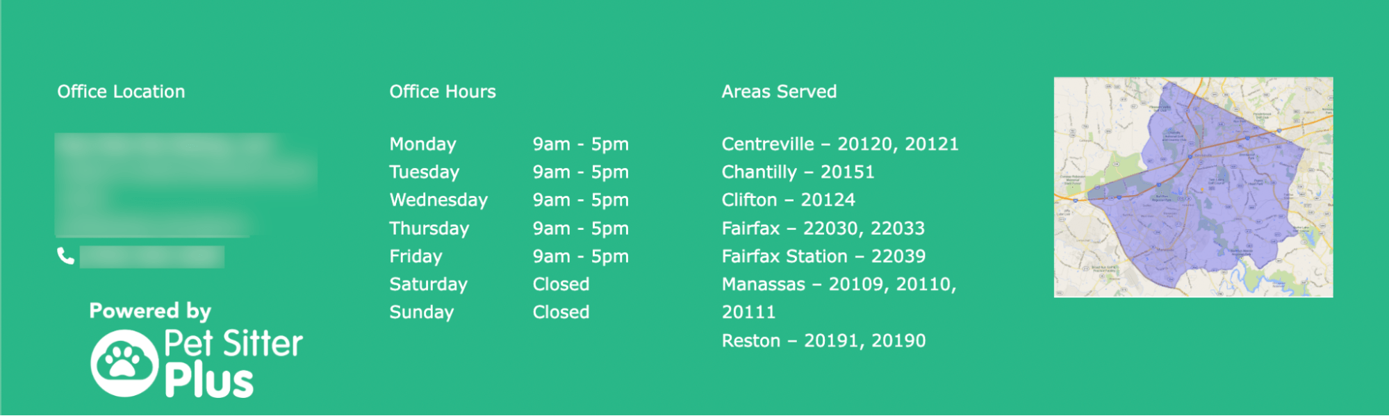 NAP and opening hours example, via Paw Pals