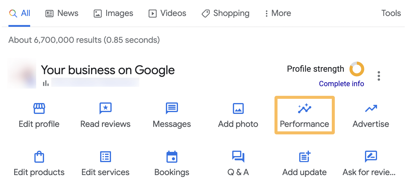 SERP dashboard with "Performance" icon highlighted, via Google Business Profile