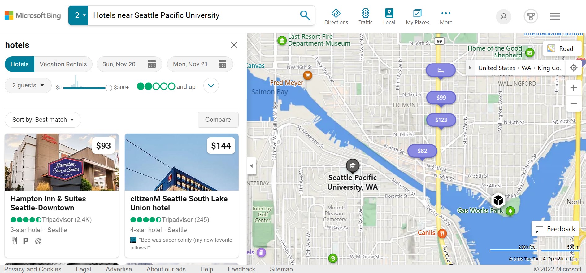 a bing map showing hotels near Seattle Pacific University