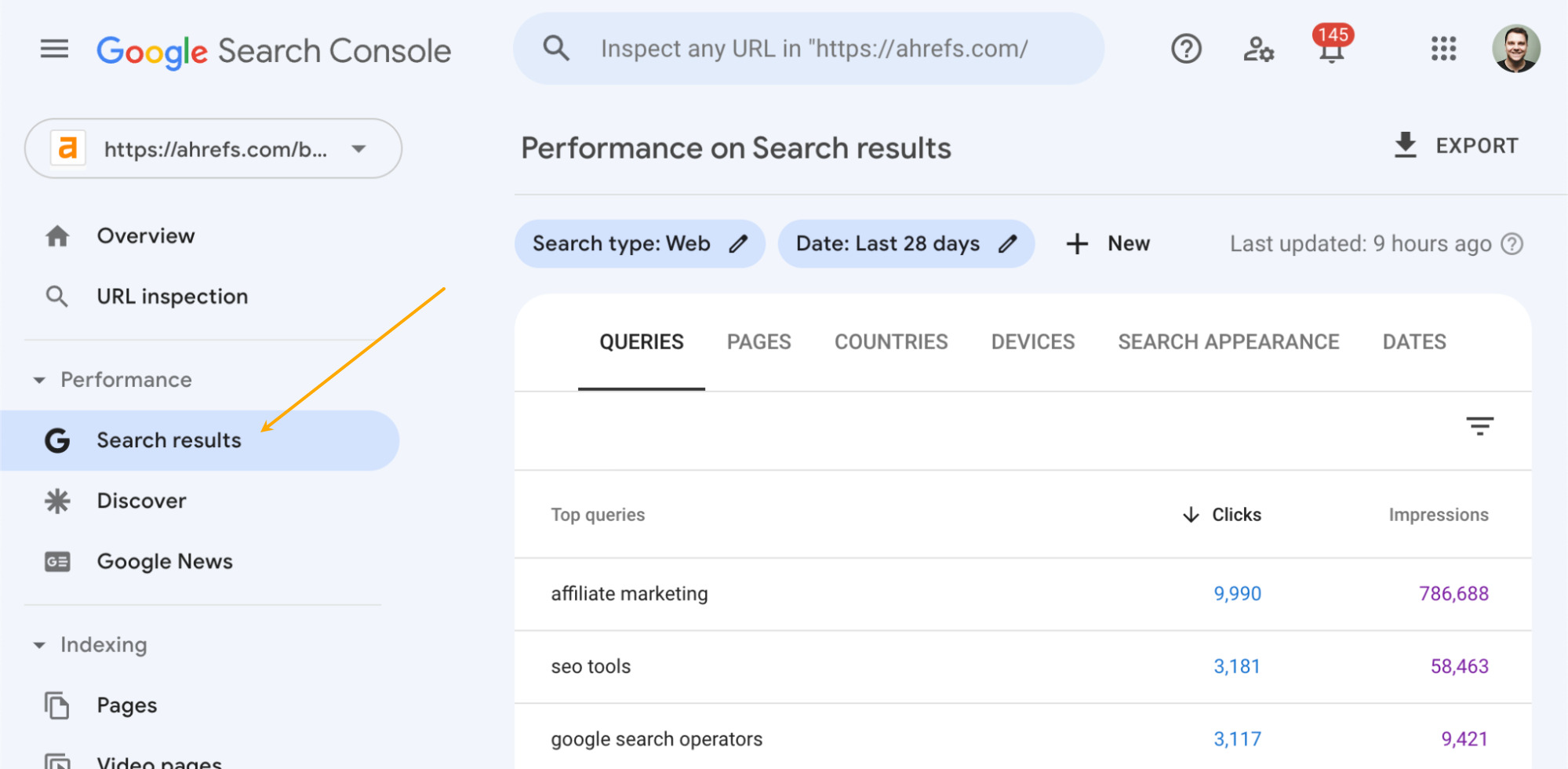 Search results report in Google Search Console