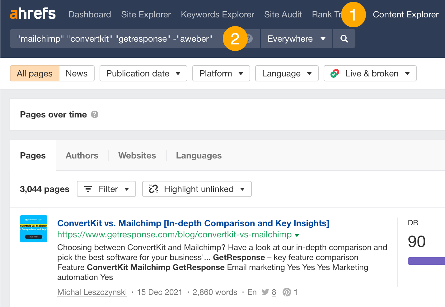 Finding competitor mentions in Ahrefs' Content Explorer