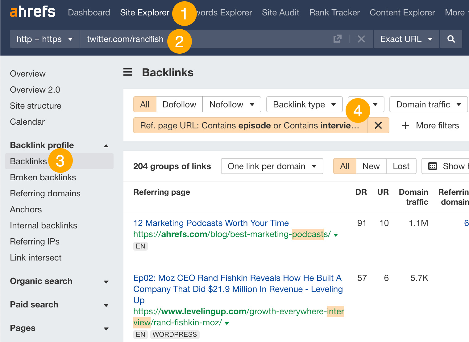 Filtering the Backlinks report for interview and podcasts links in Ahrefs' Site Explorer