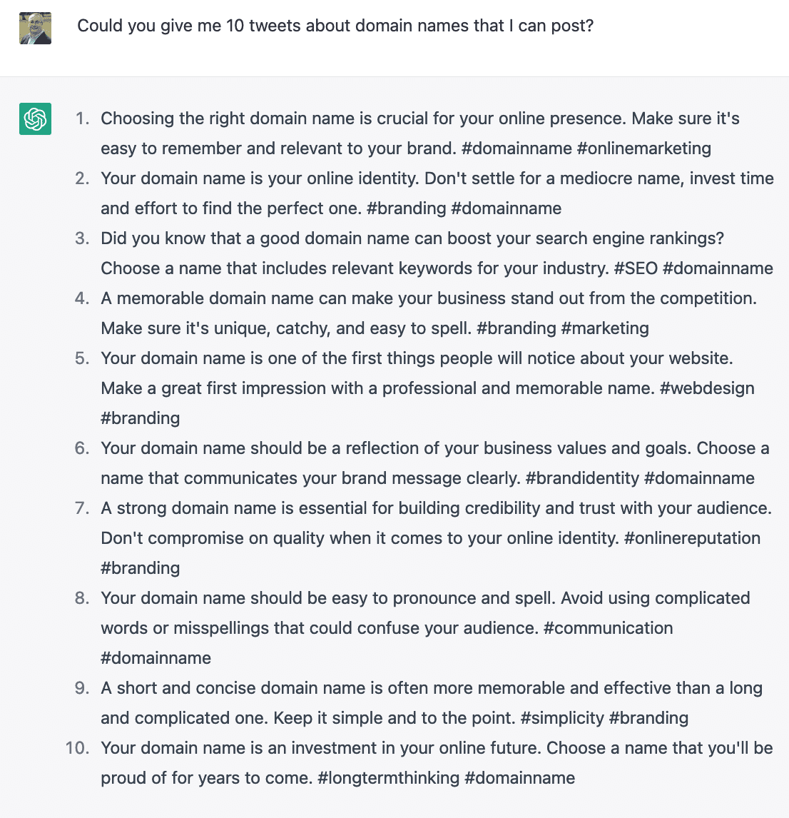 ChatGPT 10 tweets about domain names