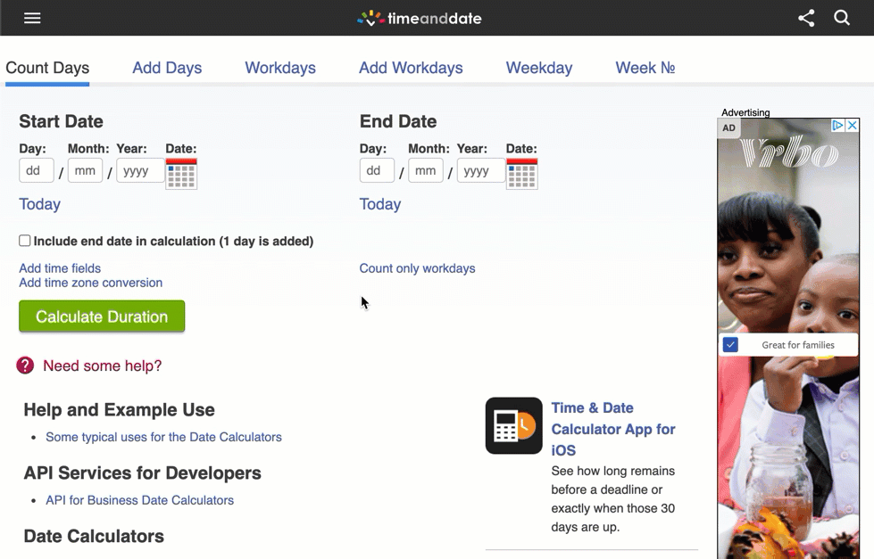 A few top-ranking pages for "days between dates," all of which are interactive calculators