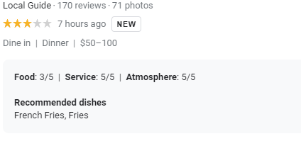 Google Local Food Recommendations User