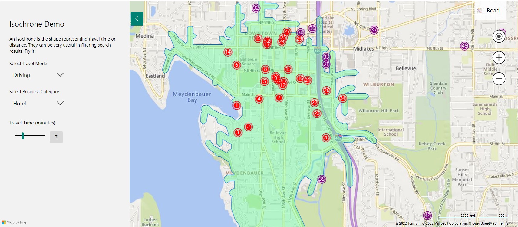 an isochrone map showing hotels in Seattle