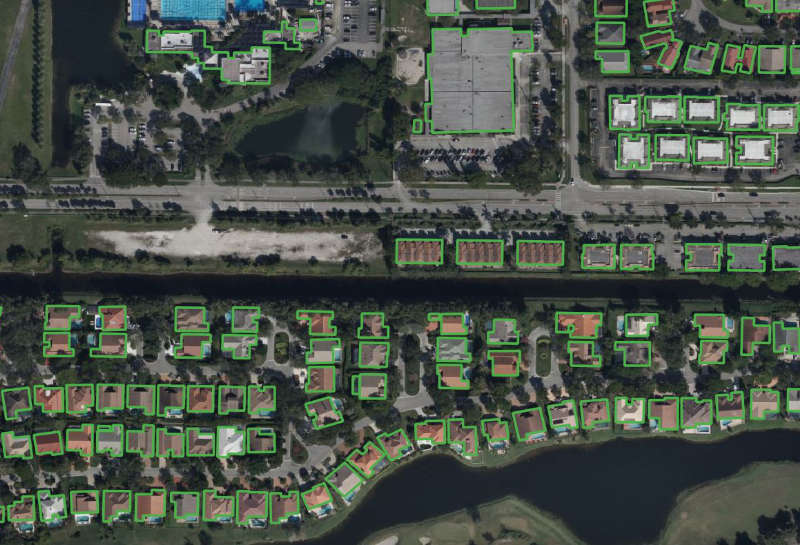 green building footprints on a city map