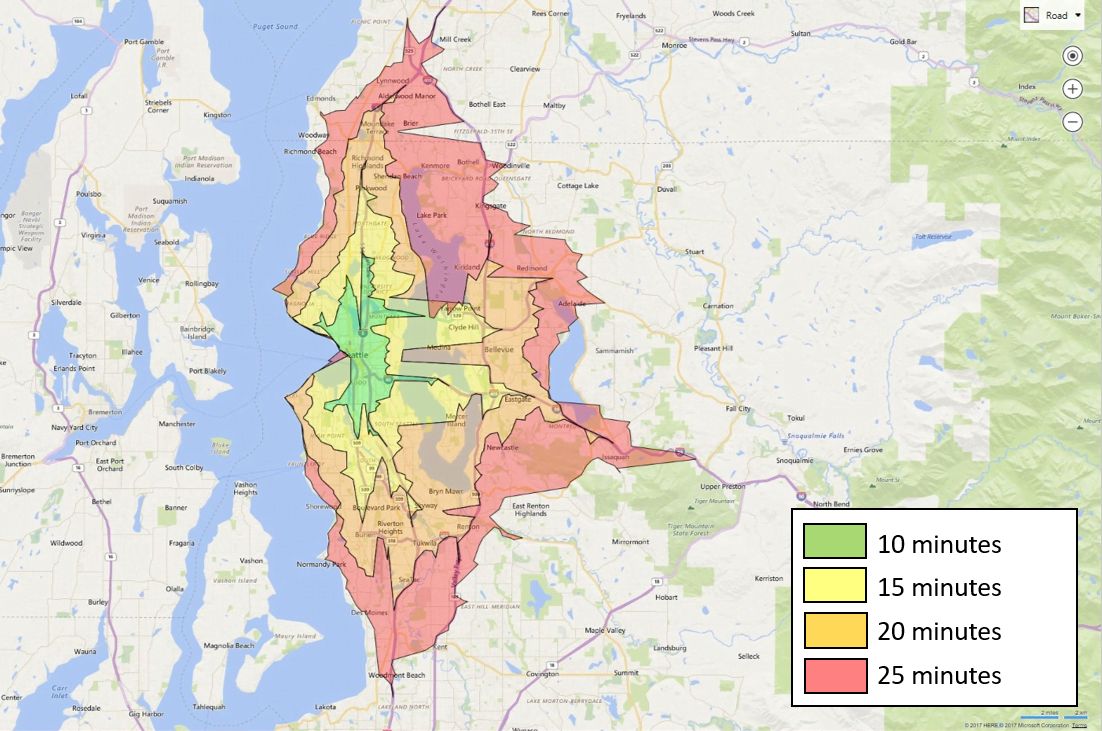 a multiple time isochrone map of Seattle