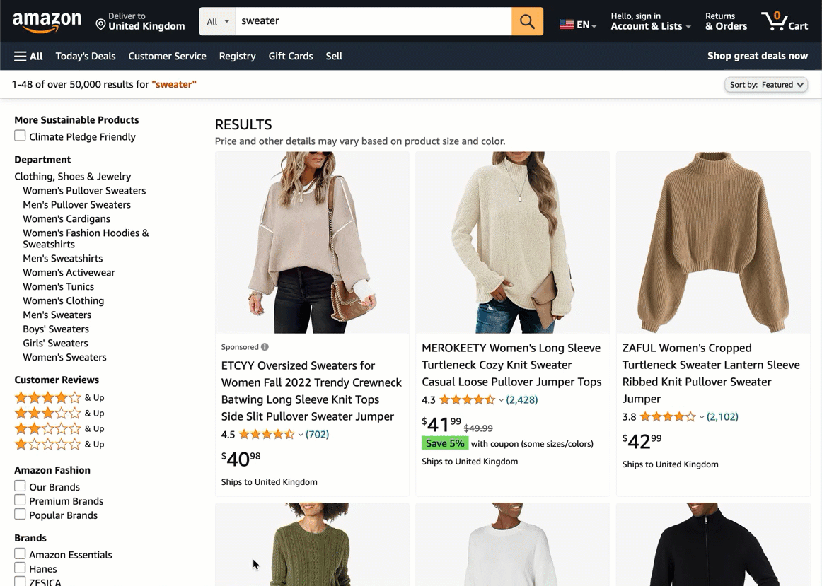 A few of the e-commerce category pages ranking on the first page for "sweaters"