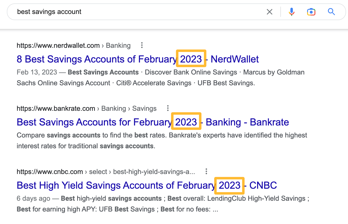 Examples of fresh results on the first page for "best savings account"