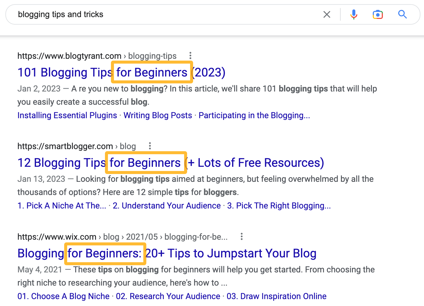 Examples of beginners' guides on the first page for "blogging tips and tricks"