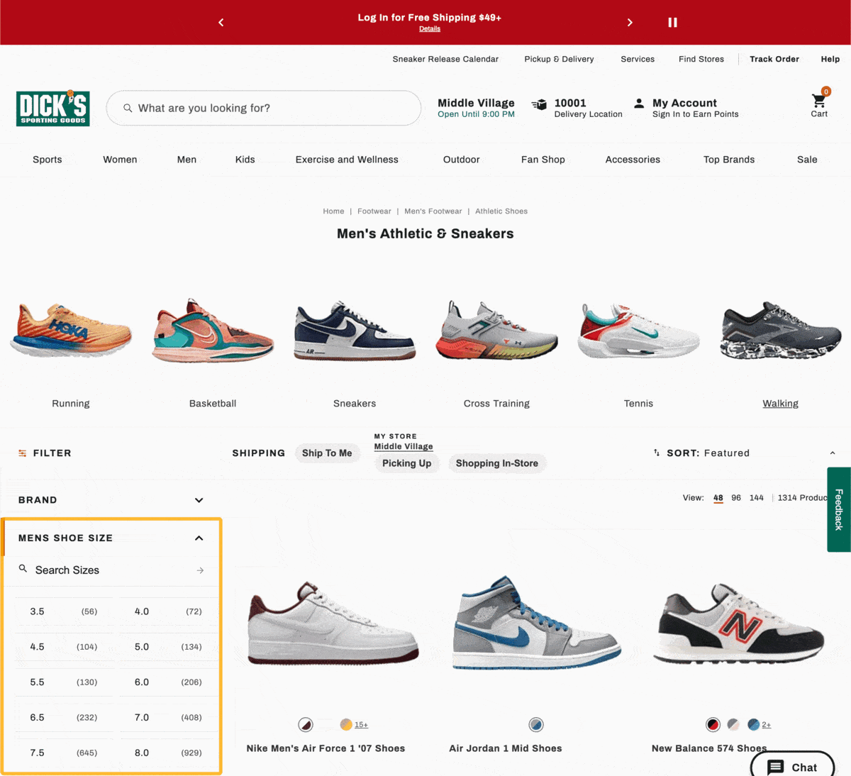 Every first-page result for "mens sneakers" has a size filter