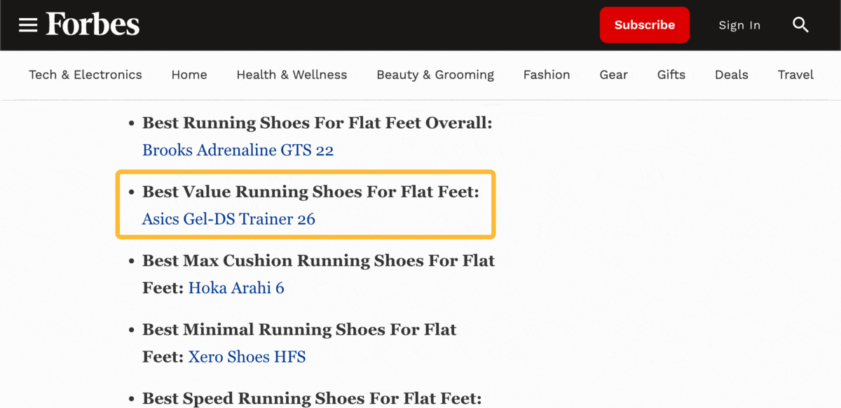 Many first-page results for "best running shoes for flat feet" talk about the best budget option