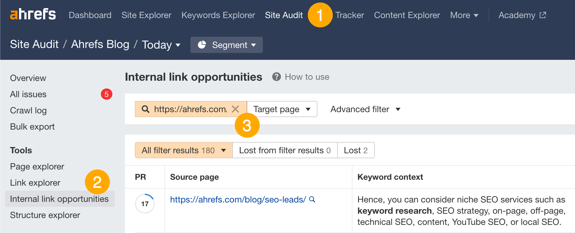 Using the Internal Link Opportunities tool in Site Audit to find internal links to add