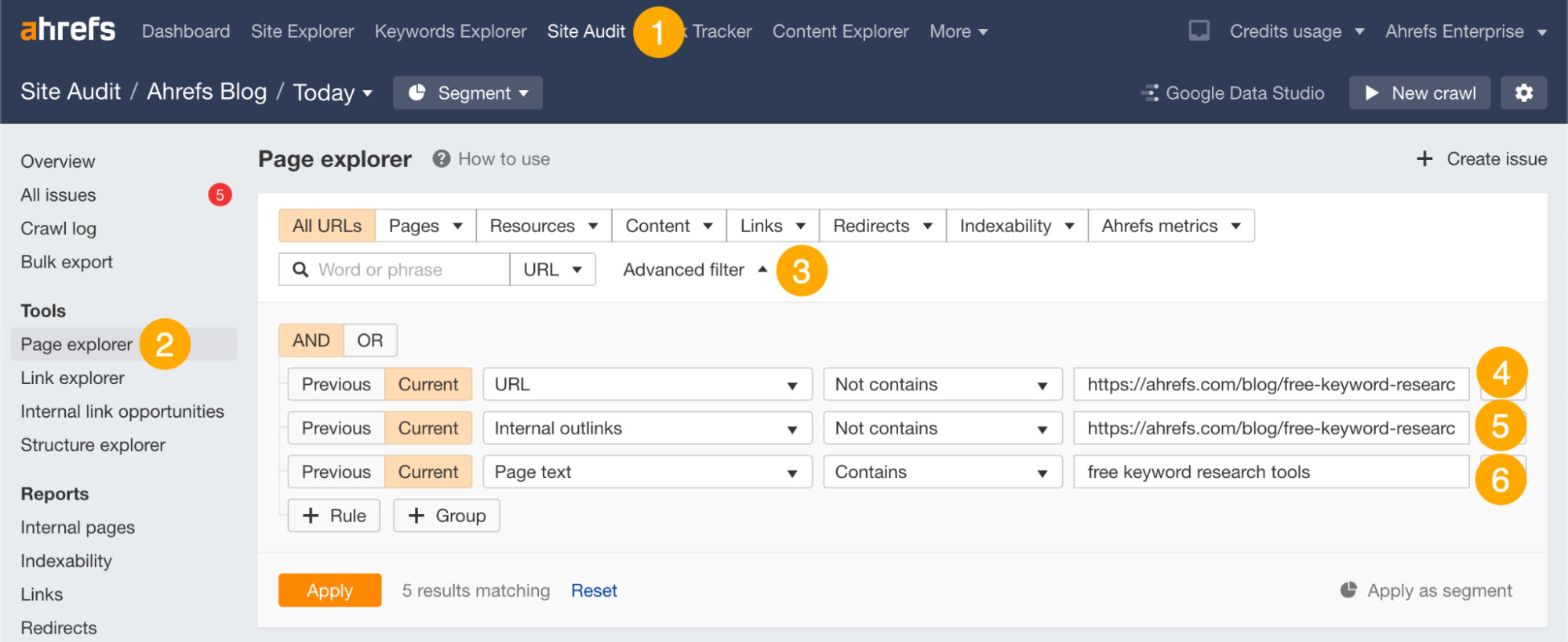 Using the Page Explorer in Ahrefs' Site Audit to find internal link opportunities