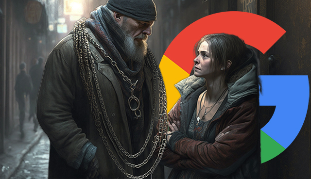 Man Selling Links Woman Google Logo