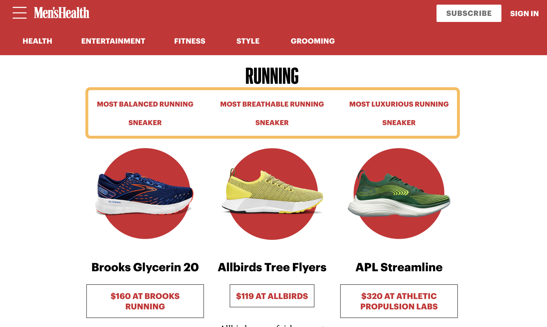 Every first-page result for "best mens sneakers" breaks recommendations into categories