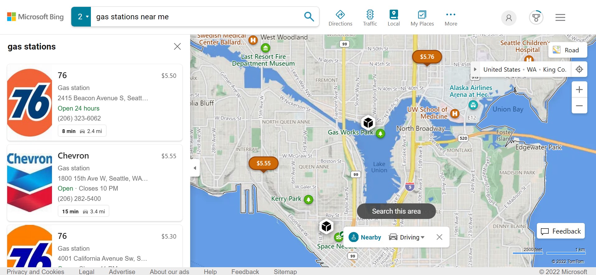 a Seattle map showing a local search for gas stations
