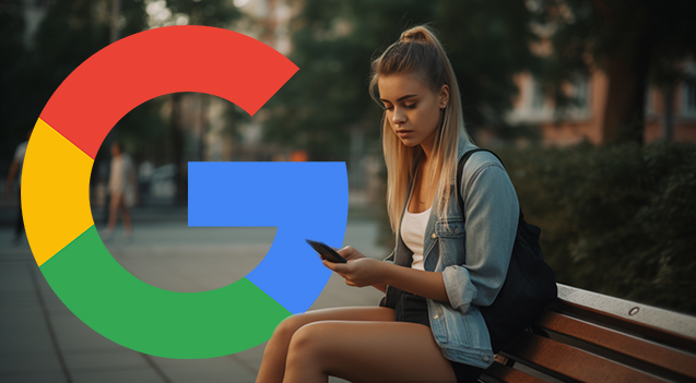 woman texting on bench and google logo