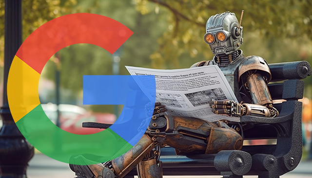 Robot Reading Newspaper Park Bench Google Logo