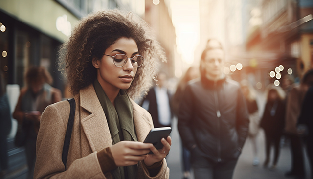 Woman Scrolling Phone With People