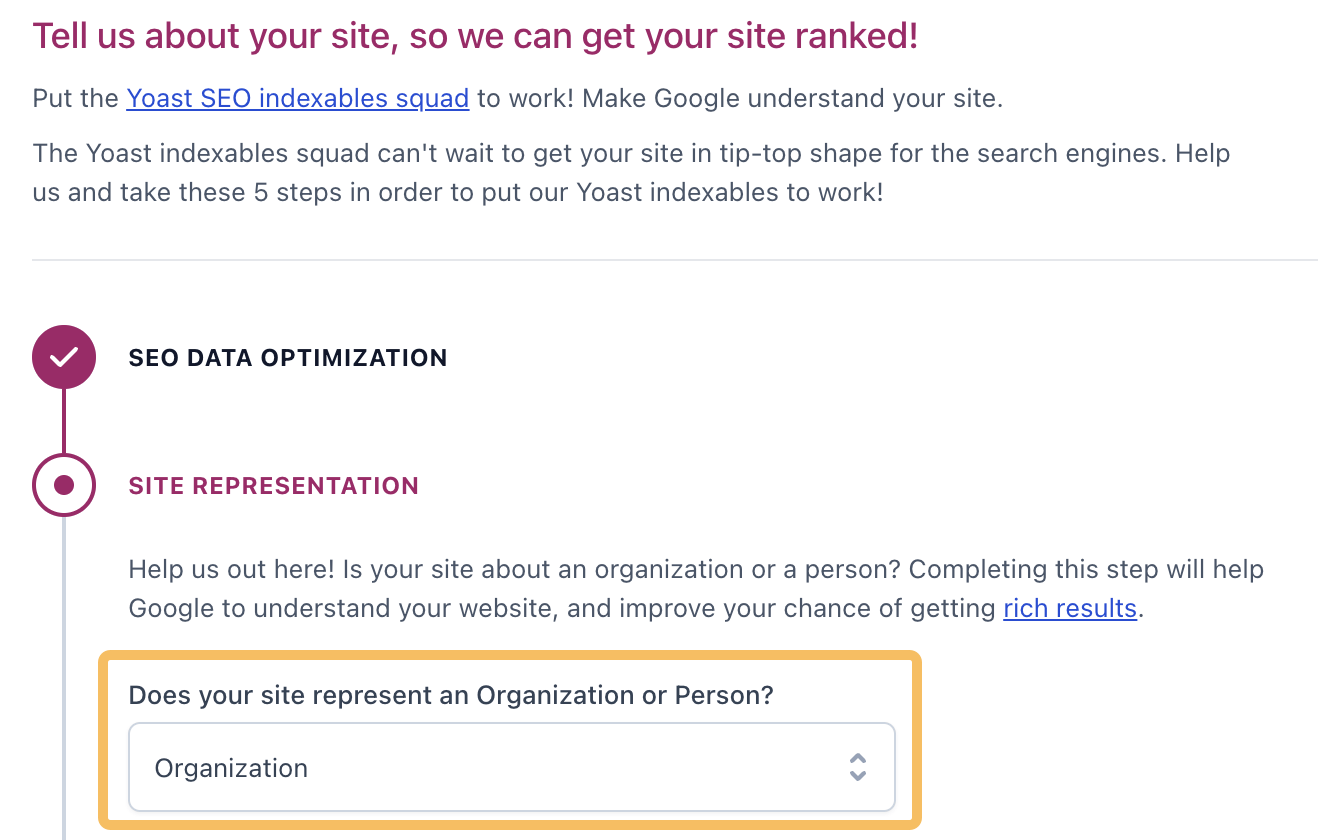 Onboarding Organization/Person schema, via Yoast SEO
