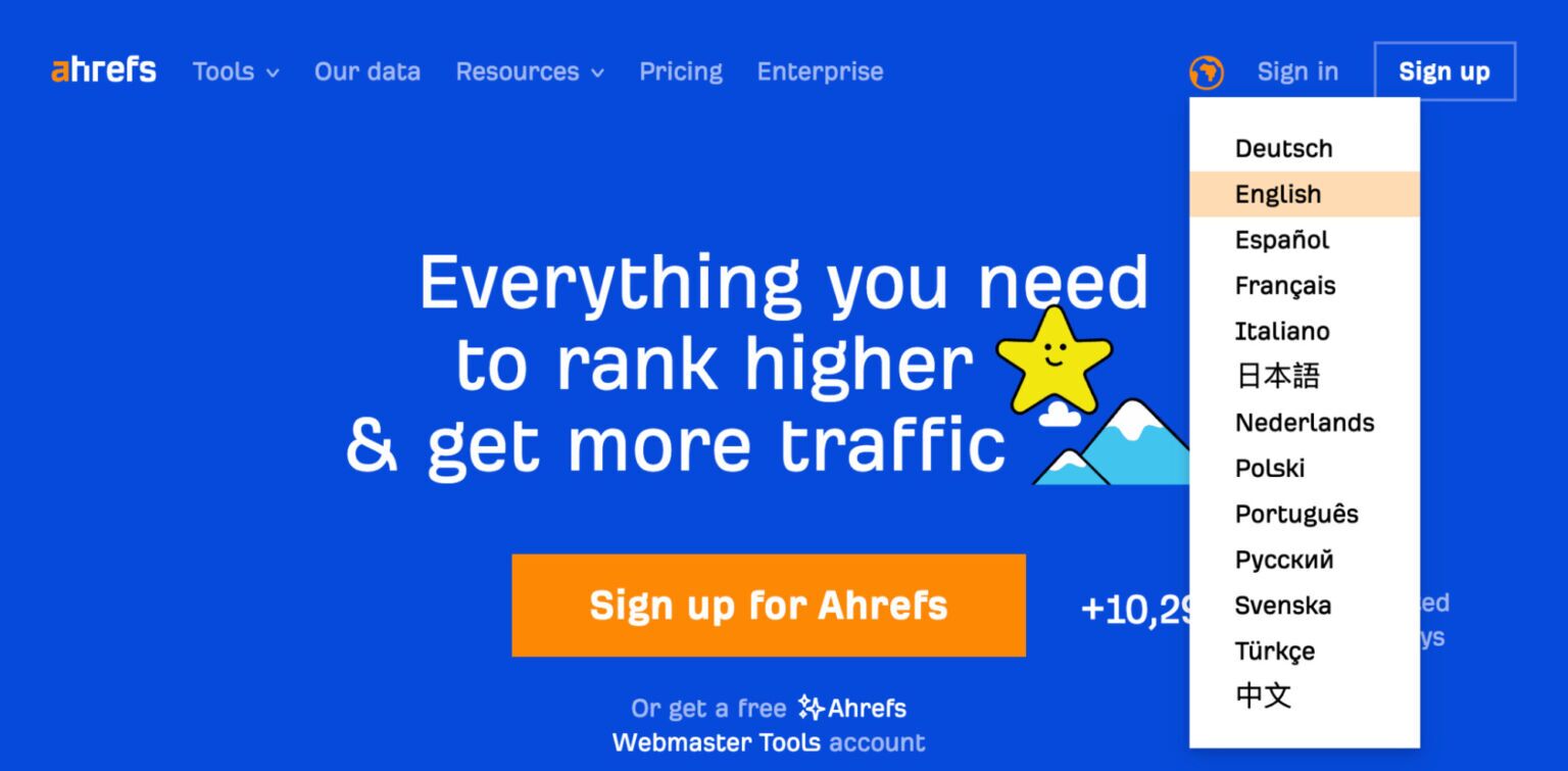 Example of language selector on ahrefs.com to improve user experience for global SEO markets