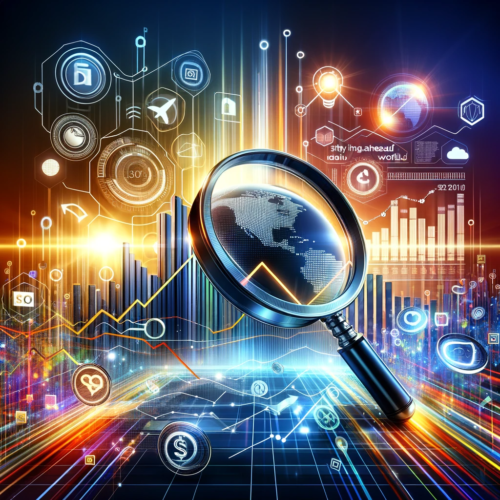 A conceptual image showcasing elements of SEO and digital marketing, including a magnifying glass over a web page, an upward trend graph, digital code, and social media icons, set against a vibrant, futuristic background.