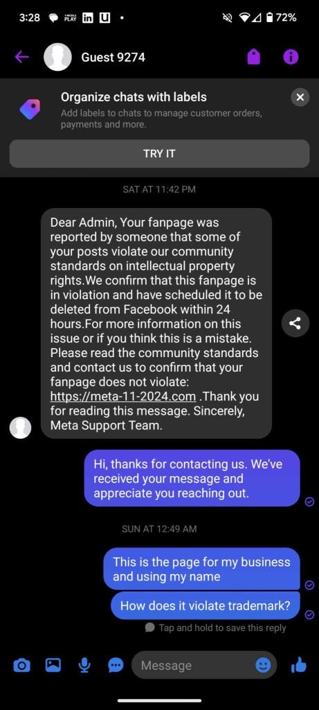 Facebook Pages Phishing Spam Via Messenger
