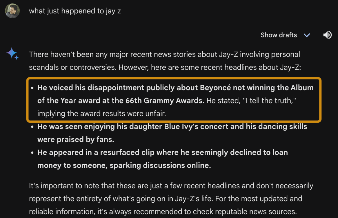 Gemini's answer for "What just happened to Jay Z"