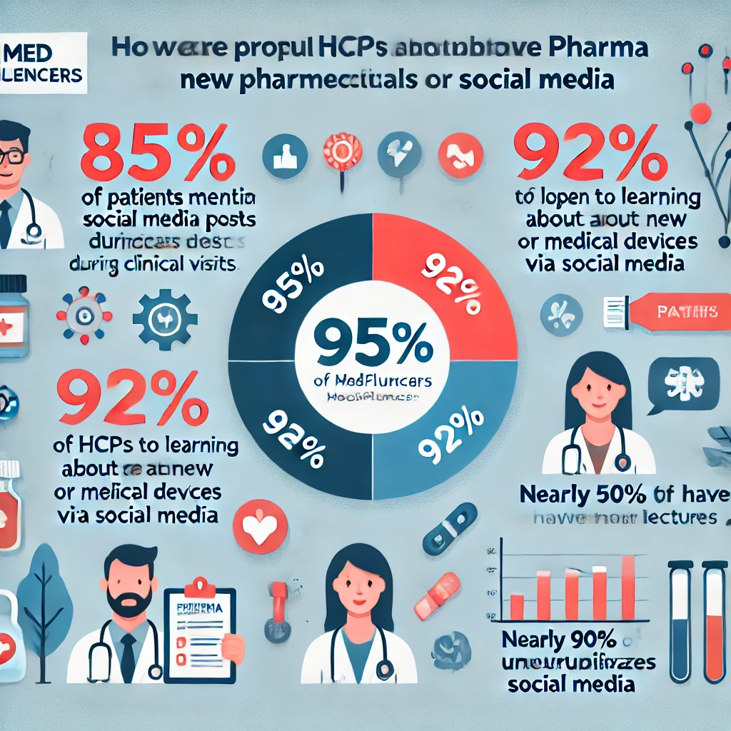 infographic summarizing the survey results from MedFluencers about healthcare professionals (HCPs) and social media usage. The infographic includes