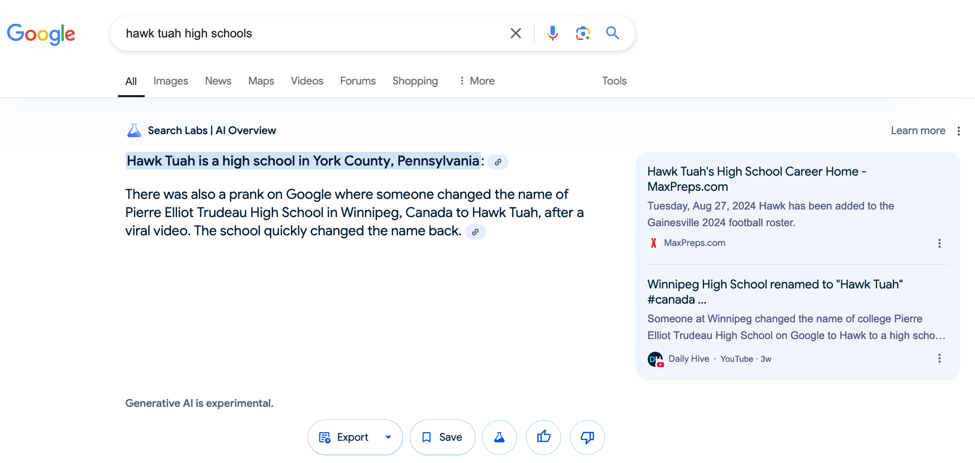 hawk tuah high schools Google AI