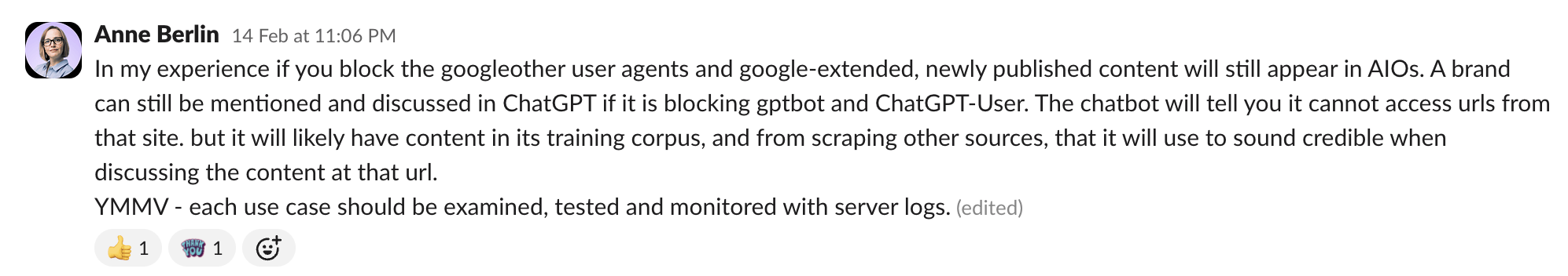 LinkedIn post by Anne Berlin discussing how blocked Google user agents can still have content appear in AI platforms, with commentary on web crawling and content indexing