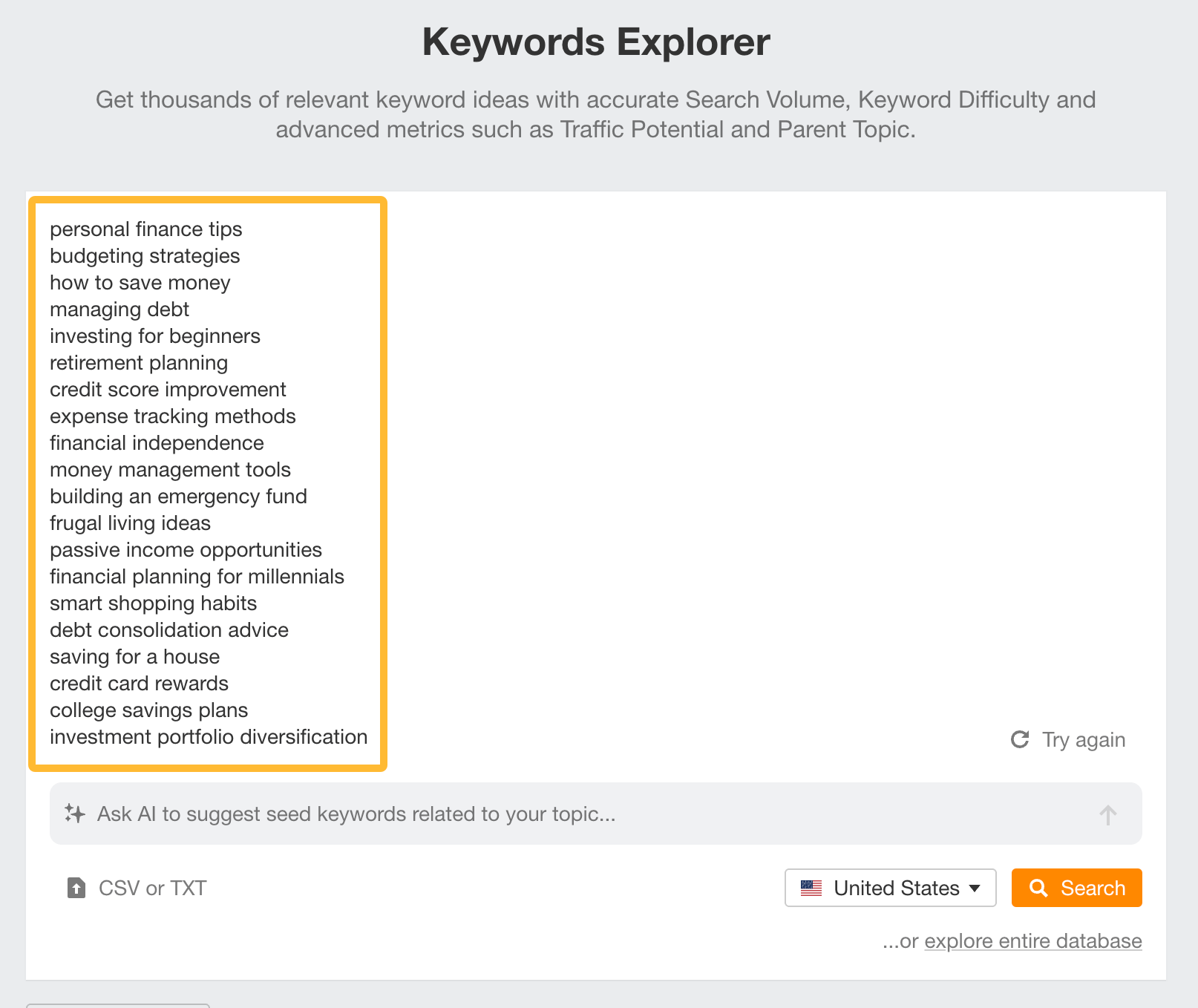 Using built-in AI in Keywords Explorer to find seed keywords. 