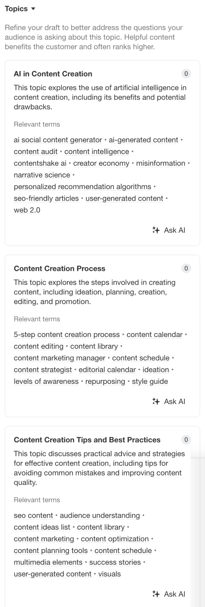 Subtopics recommended by AI Content Helper for "content creation"