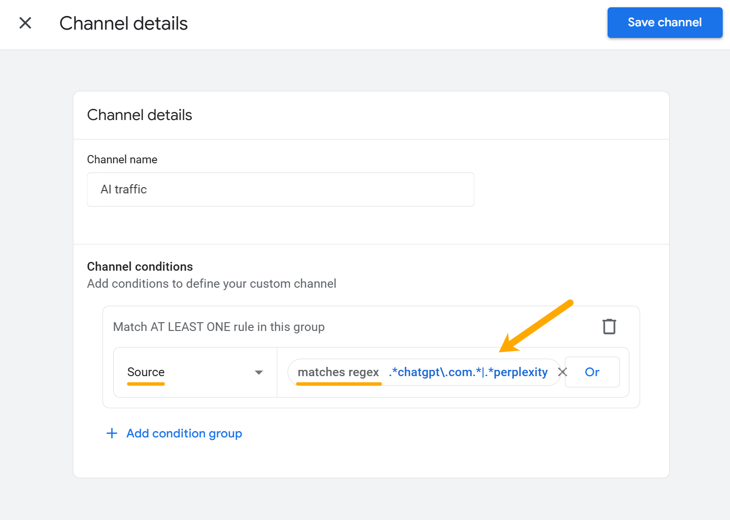 Google Analytics interface for setting up a custom channel named “AI traffic.” A regex rule is applied under Channel conditions to match sources that include chatgpt.com or perplexity. The rule is defined under “Source matches regex.” An arrow points to the regex input field. 