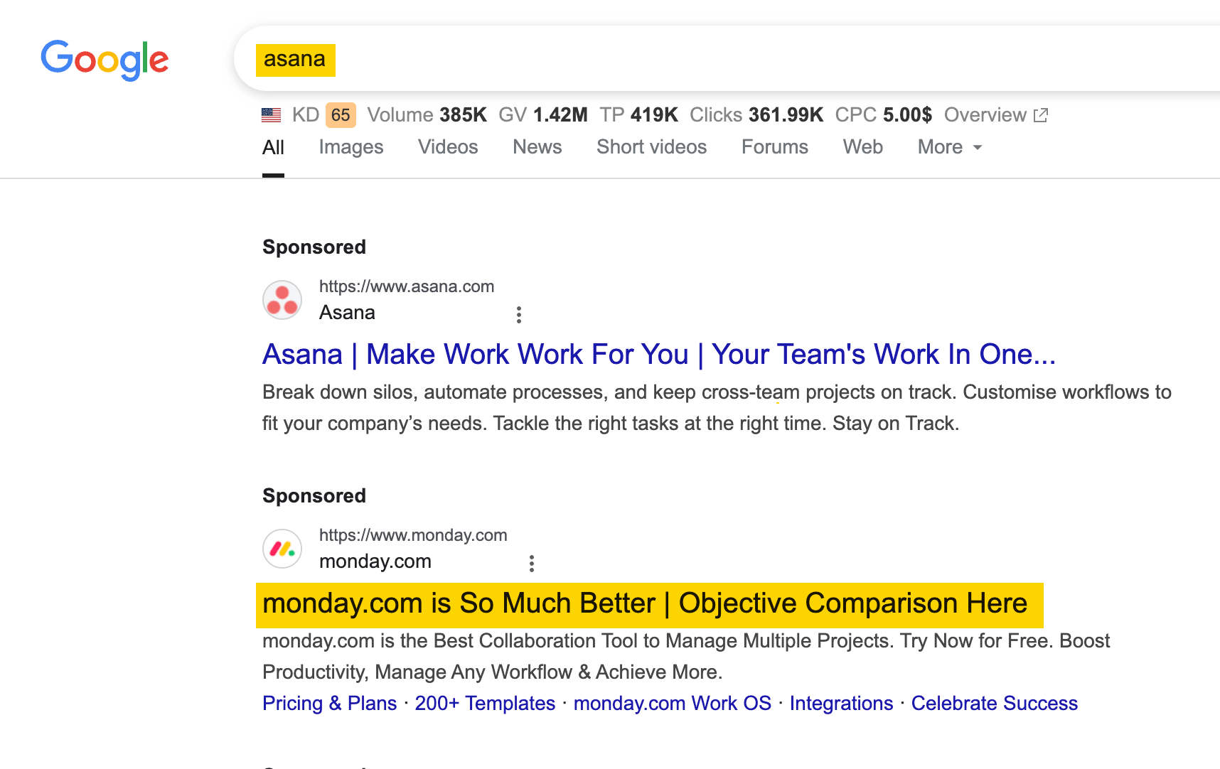 Example of a brand bidding on a competitor's own keywords. 