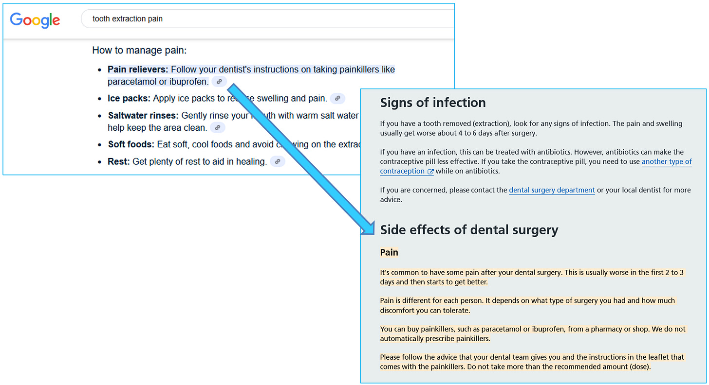 A cited course for tooth extraction pain linking directly to the relevant paragraph on the cited page.
