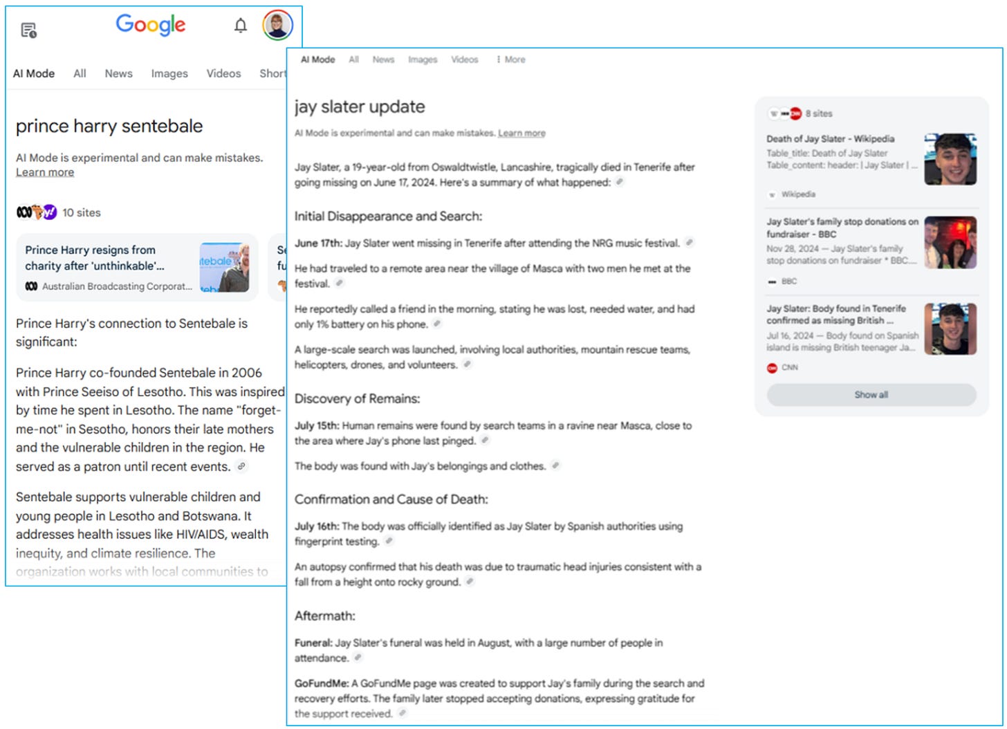 AI Mode results for news-focused queries. Images courtesy of Carly Steven.