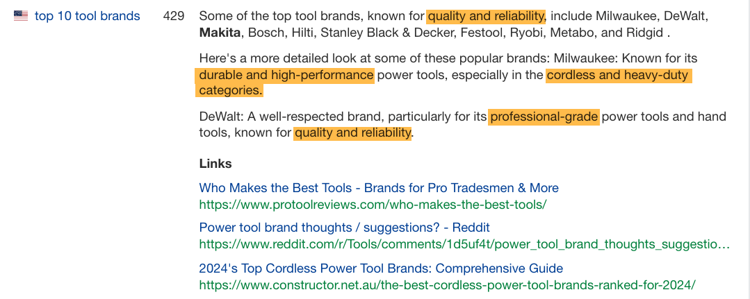 Ahrefs' Brand Radar report showing brands mentioned in Google's AI Overview for the keyword "top 10 tool brands".