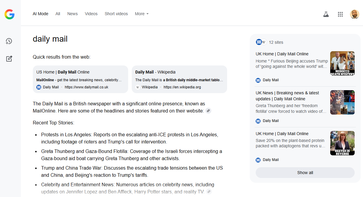 A brand search for ‘daily mail’ in Google AI Mode provides a link to the site’s homepage at the top of the response
