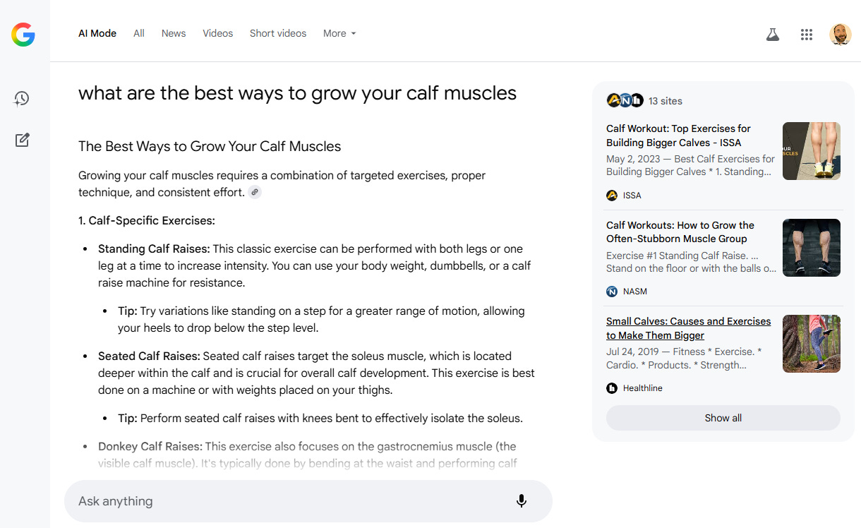 Google AI Mode answer for the question “what are the best ways to grow your calf muscles”, providing a detailed summary of exercises and tips